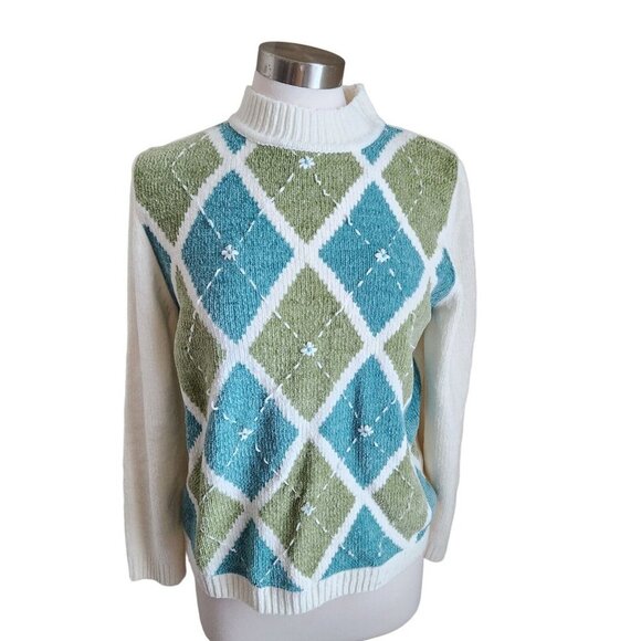 VTG Alfred Dunner Womens Chenille Sweater Small Multi Floral Beaded Rubbed Cuffs - Picture 1 of 11